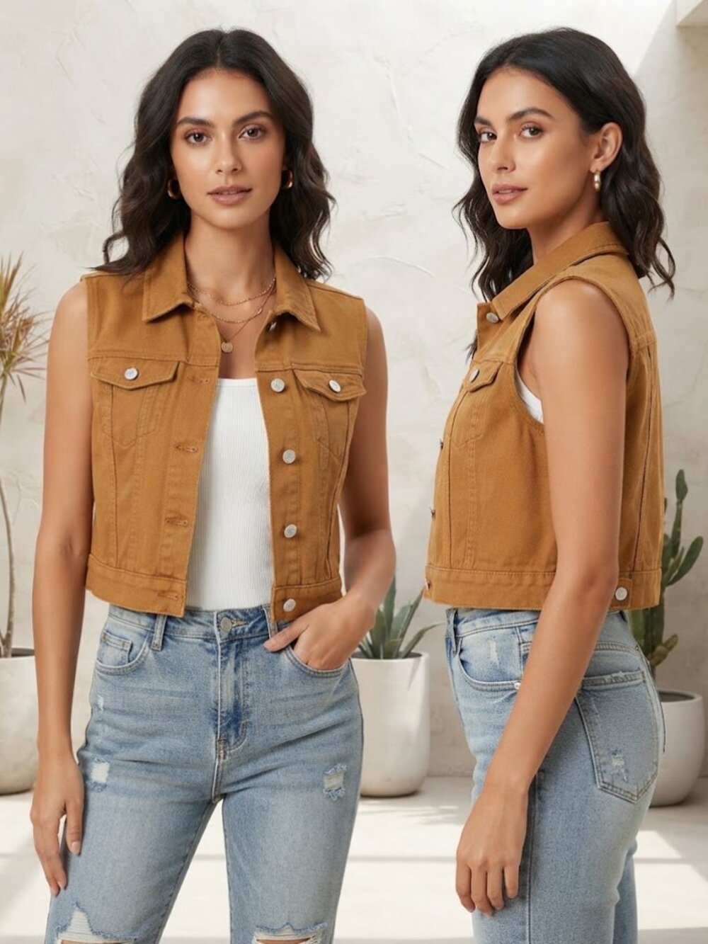 Unbranded Women's Tan Camel Brown Denim Cropped Vest Jacket Raw Hem Size Medium
